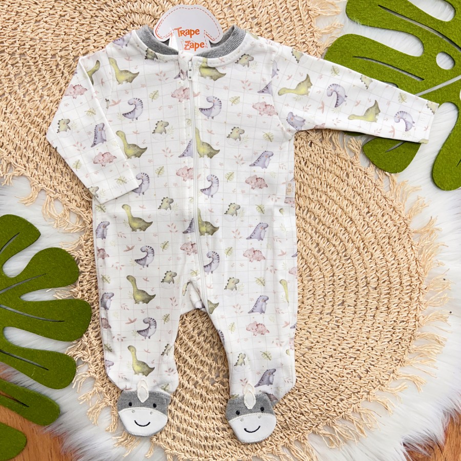 Macacão de Malha com Abertura em Zíper e pézinho bordado Dinos Babys - Off White e Mescla Macacão de Malha com Abertura em Zíper e pézinho bordado Dinos Babys - Off White e Mescla